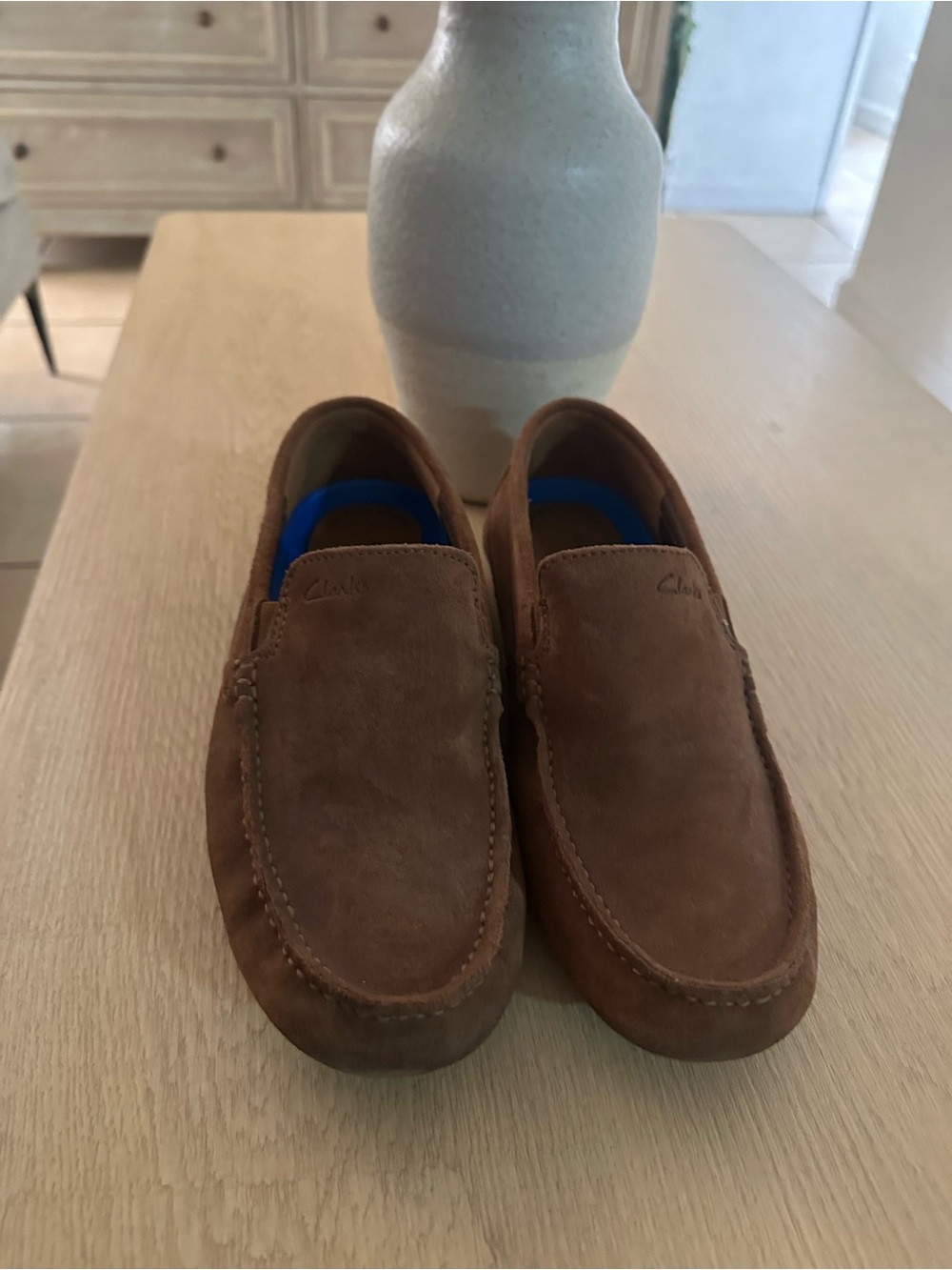 Clarks Men’s Brown Suede Slip-On Loafers with Blue Insoles